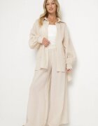 new collection Compleu Bej cu Pantaloni Largi și Cămașă cu Mâneci Bufante Stellise