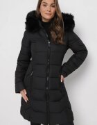 new collection Geacă Neagră Matlasată până la genunchi cu Glugă și Blană Ovlla