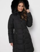 new collection Geacă Neagră Matlasată până la genunchi cu Glugă și Blană Ovlla