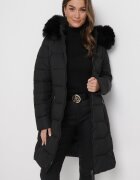 new collection Geacă Neagră Matlasată până la genunchi cu Glugă și Blană Ovlla