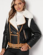 new collection Geacă pilot neagră cu paspoal bej cu guler cu blană și curea Divona