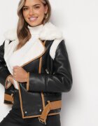 new collection Geacă pilot neagră cu paspoal bej cu guler cu blană și curea Divona