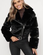 new collection Jachetă Neagră Blănoasă cu Curea Decorativă Sirunis