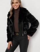 new collection Jachetă Neagră Blănoasă cu Curea Decorativă Sirunis