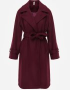 new collection Palton Bordeaux Deschis cu cordon din material în talie cu buzunare și guler Neeraja