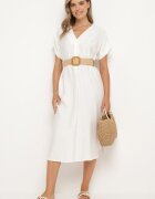 new collection Rochie Albă din Viscoză cu Curea Ornată cu Împletitură și Cataramă Mlevena