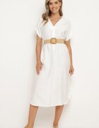 new collection Rochie Albă din Viscoză cu Curea Ornată cu Împletitură și Cataramă Mlevena