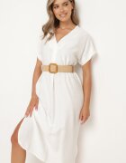 new collection Rochie Albă din Viscoză cu Curea Ornată cu Împletitură și Cataramă Mlevena