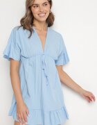 new collection Rochie albastră deschisă stil liliac din viscoză cu croi evazat cu volan din tul