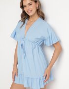 new collection Rochie albastră deschisă stil liliac din viscoză cu croi evazat cu volan din tul