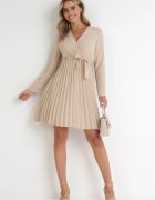 new collection Rochie Bej Plisată cu Decolteu Petrecut și Curea Minesia