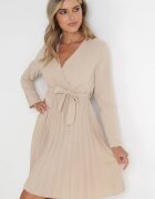 new collection Rochie Bej Plisată cu Decolteu Petrecut și Curea Minesia