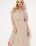 new collection Rochie Bej Tip cămașă Midi din Viscoză cu nasturi cu șnur și decupaje Alicana