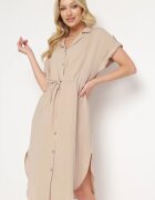 new collection Rochie Bej Tip cămașă Midi din Viscoză cu nasturi cu șnur și decupaje Alicana