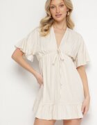 new collection Rochie bej tip liliac cu viscoză cu croi evazat și volan de tul
