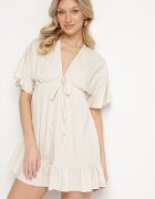 new collection Rochie bej tip liliac cu viscoză cu croi evazat și volan de tul