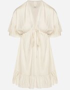 new collection Rochie bej tip liliac cu viscoză cu croi evazat și volan de tul