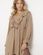 new collection Rochie Evazată Bej închis cu croială petrecută și volane Celonara