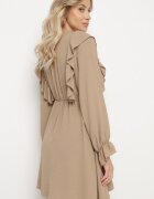 new collection Rochie Evazată Bej închis cu croială petrecută și volane Celonara