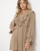 new collection Rochie Evazată Bej închis cu croială petrecută și volane Celonara
