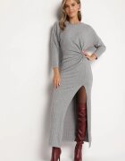 new collection Rochie Gri cu Viscoză Decorată cu Legătură și Fir Metalic Ellinira