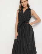 new collection Rochie neagră cu croi de cămașă fără mâneci cu cordon legat Liriora