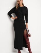 new collection Rochie Neagră cu Viscoză Decorată cu Legătură și Fir Metalic Ellinira