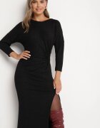 new collection Rochie Neagră cu Viscoză Decorată cu Legătură și Fir Metalic Ellinira