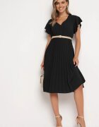 new collection Rochie Neagră Plisată cu Croi Cloș și Decolteu în V Rissara