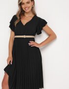 new collection Rochie Neagră Plisată cu Croi Cloș și Decolteu în V Rissara
