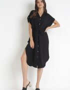 new collection Rochie neagră tip cămașă midi din viscoză cu nasturi cu șnur și decupaje Alicana