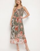 new collection Rochie verde închis din plasă cu vâscoză și imprimeu floral Izaleira