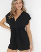 new collection Salopetă scurtă neagră cu mânecă scurtă și șnur în talie Aliaa