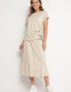 new collection Set Bej cu Viscoză Fustă și Bluză cu Legătură Davissael
