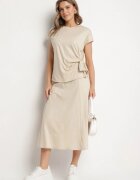 new collection Set Bej cu Viscoză Fustă și Bluză cu Legătură Davissael