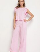 new collection Set Roz din Viscoză Pantaloni Largi și Bluză cu Volane Villimi