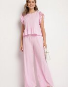 new collection Set Roz din Viscoză Pantaloni Largi și Bluză cu Volane Villimi