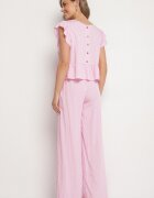 new collection Set Roz din Viscoză Pantaloni Largi și Bluză cu Volane Villimi
