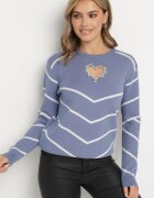 newstar Pulover Albastru cu Vâscoză cu Model Geométric cu Decolteu în Formă de Inimă cu Zirconii Temilime