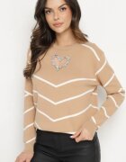 newstar Pulover Bej Închis cu Viscoză cu Model Geometric cu Decupaj în Formă de Inimă cu Zirconii Temilime