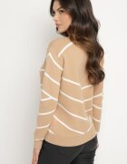 newstar Pulover Bej Închis cu Viscoză cu Model Geometric cu Decupaj în Formă de Inimă cu Zirconii Temilime