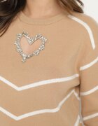 newstar Pulover Bej Închis cu Viscoză cu Model Geometric cu Decupaj în Formă de Inimă cu Zirconii Temilime