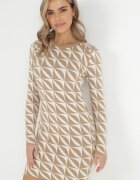 newstar Rochie Alb-Bej Tricotată cu Model Geometric Hynnee