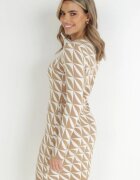 newstar Rochie Alb-Bej Tricotată cu Model Geometric Hynnee