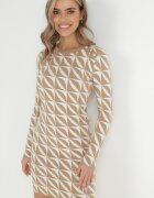 newstar Rochie Alb-Bej Tricotată cu Model Geometric Hynnee