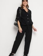 palma Pantaloni Clasici Negri din Bumbac cu Talie Înaltă Isesi