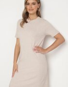 palma Rochie Bej Tricotată cu Viscoză Stil T-shirt cu nasturi decorativi Arissana