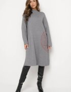 palma Rochie Gri Tricotată Midi Poncho Stil Trapez și cu Buzunar Decorativ Thalorin