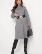 palma Rochie Gri Tricotată Midi Poncho Stil Trapez și cu Buzunar Decorativ Thalorin
