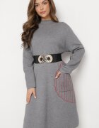 palma Rochie Gri Tricotată Midi Poncho Stil Trapez și cu Buzunar Decorativ Thalorin